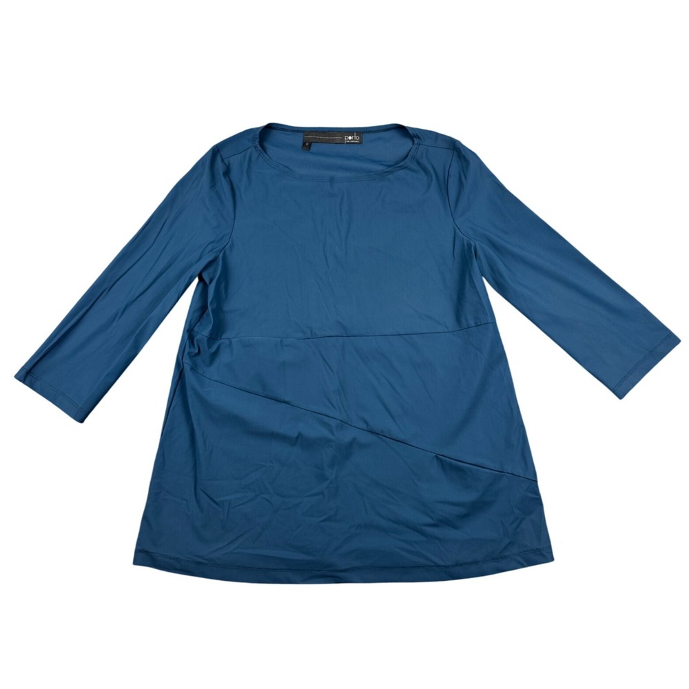 Porto San Francisco Luxe Artsy Blue Tunic Top 3/4 Sleeve Pockets 191